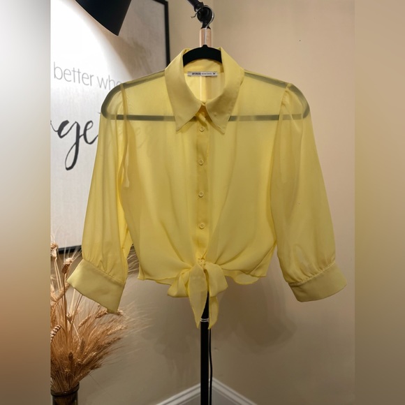 Women's Chic Half-Sleeved Chiffon-Mesh Button Down Yellow Shirt-Blouse-Top - Picture 7 of 12